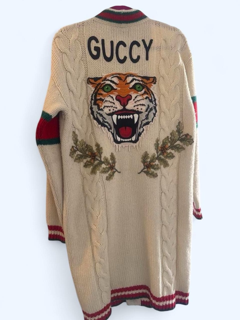 Gucci Cream Cable Knit Long Cardigan with Red & Green Trim and Yellow Patch - Picture 2 of 8